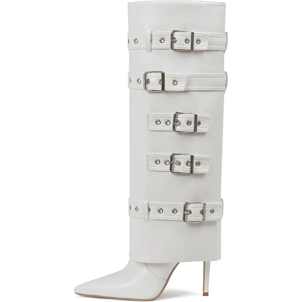 Women's Fold Over Long Tall Leather Buckle Shark Knee High Zipper White Boots - Picture 1 of 6